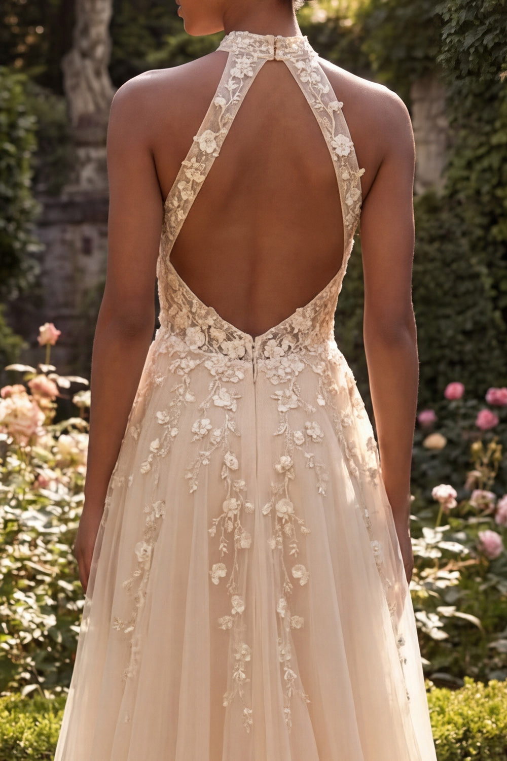 High Neck Floral A Line Corset Blush Long Prom Dress with Slit