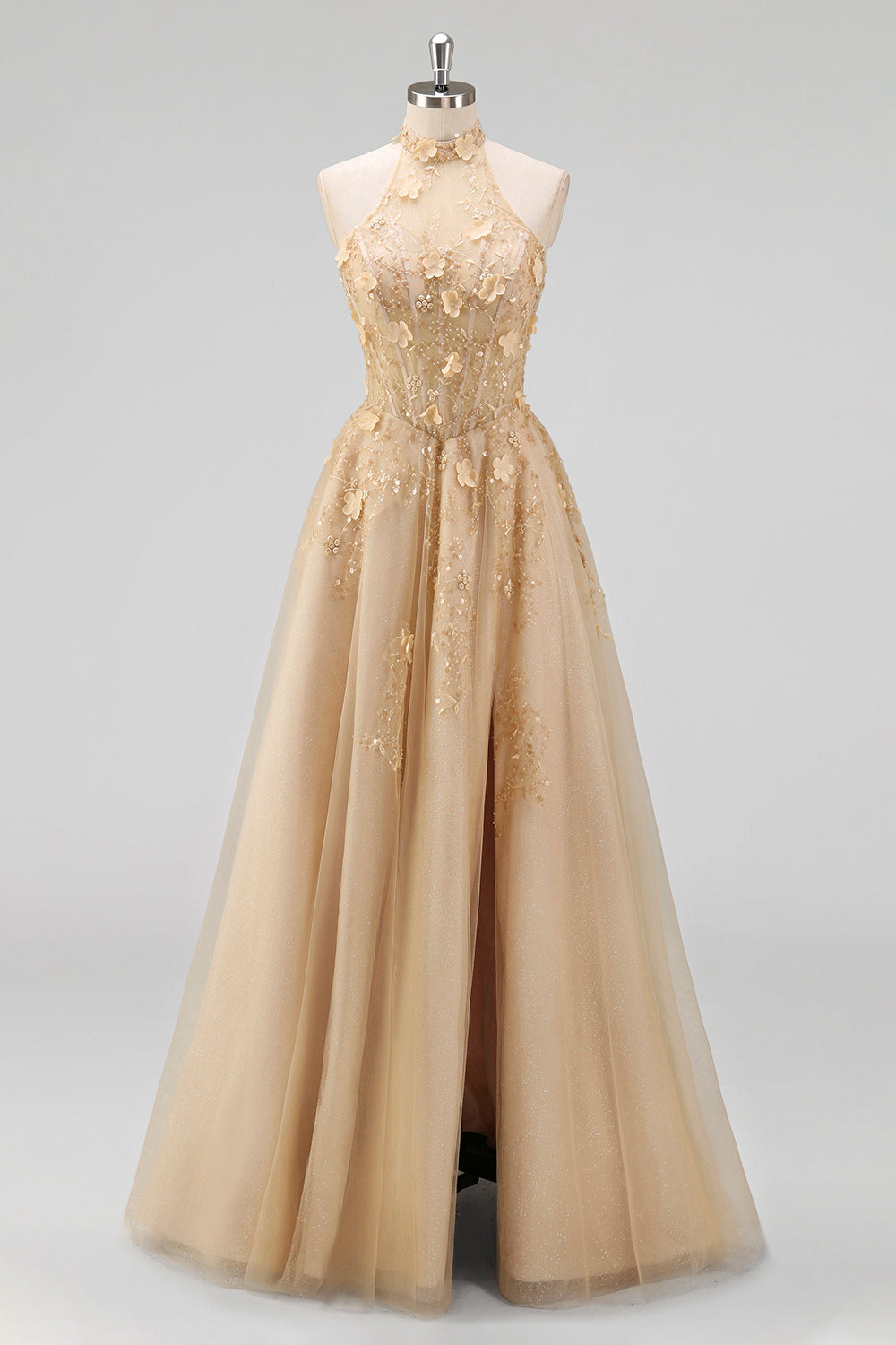 High Neck Floral A Line Corset Blush Long Prom Dress with Slit