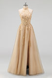 High Neck Floral A Line Corset Blush Long Prom Dress with Slit