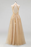 High Neck Floral A Line Corset Blush Long Prom Dress with Slit