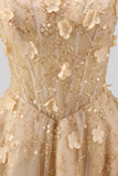 High Neck Floral A Line Corset Blush Long Prom Dress with Slit