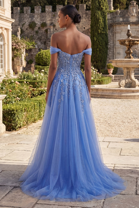 Sparkly Blue A Line Glitter Corset Floral Beaded Long Prom Dress with Slit