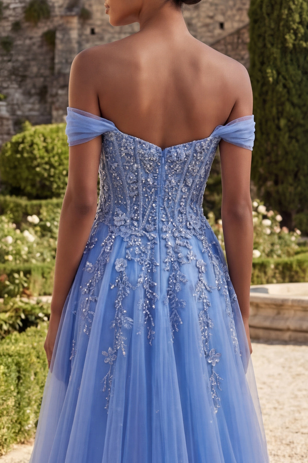 Sparkly Blue A Line Glitter Corset Floral Beaded Long Prom Dress with Slit