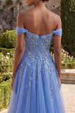 Sparkly Blue A Line Glitter Corset Floral Beaded Long Prom Dress with Slit