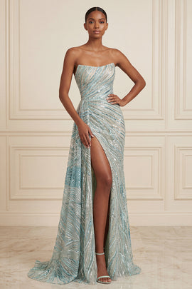 Sparkly Blue Mermaid Beaded Long Strapless Prom Dress with Side Cape