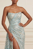 Sparkly Blue Mermaid Beaded Long Strapless Prom Dress with Side Cape