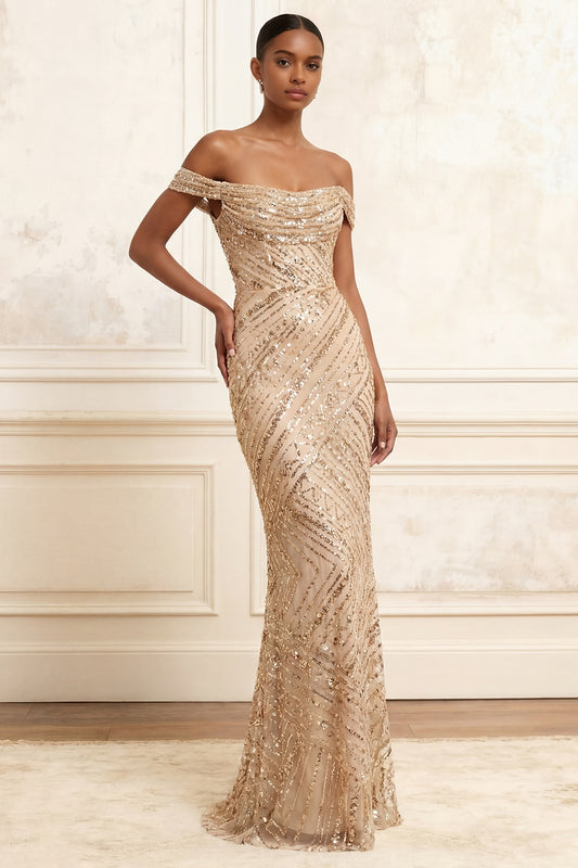 Mermaid Beaded Sparkly Champagne Long Off the Shoulder Prom Dress