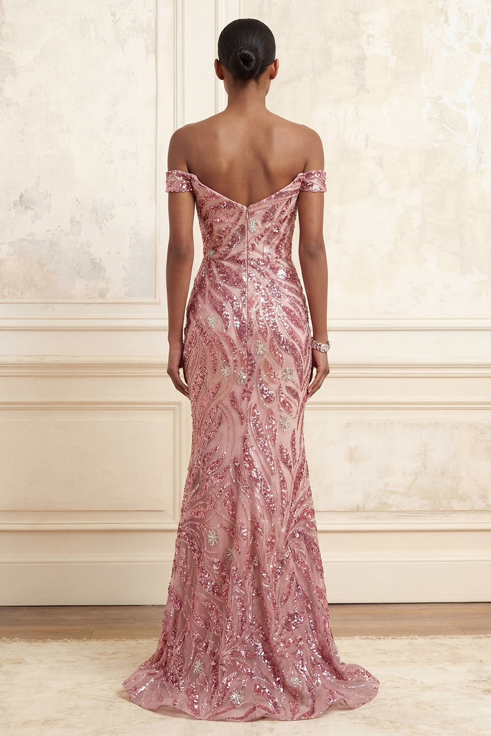 Sparkly Pink Long Off the Shoulder Mermaid Beaded Prom Dress