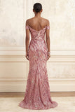 Sparkly Pink Long Off the Shoulder Mermaid Beaded Prom Dress