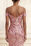 Sparkly Pink Long Off the Shoulder Mermaid Beaded Prom Dress