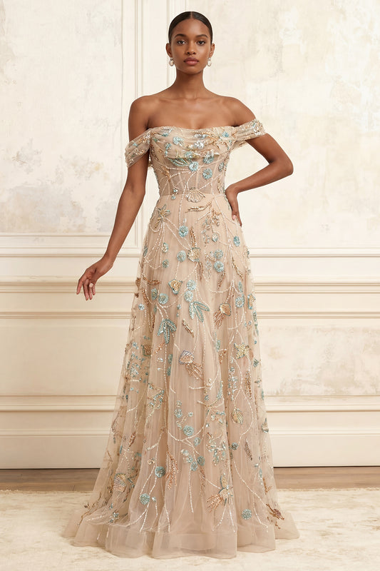 A Line Sparkly Champagne Beaded Long Corset Floral Prom Dress
