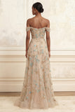 A Line Sparkly Champagne Beaded Long Corset Floral Prom Dress