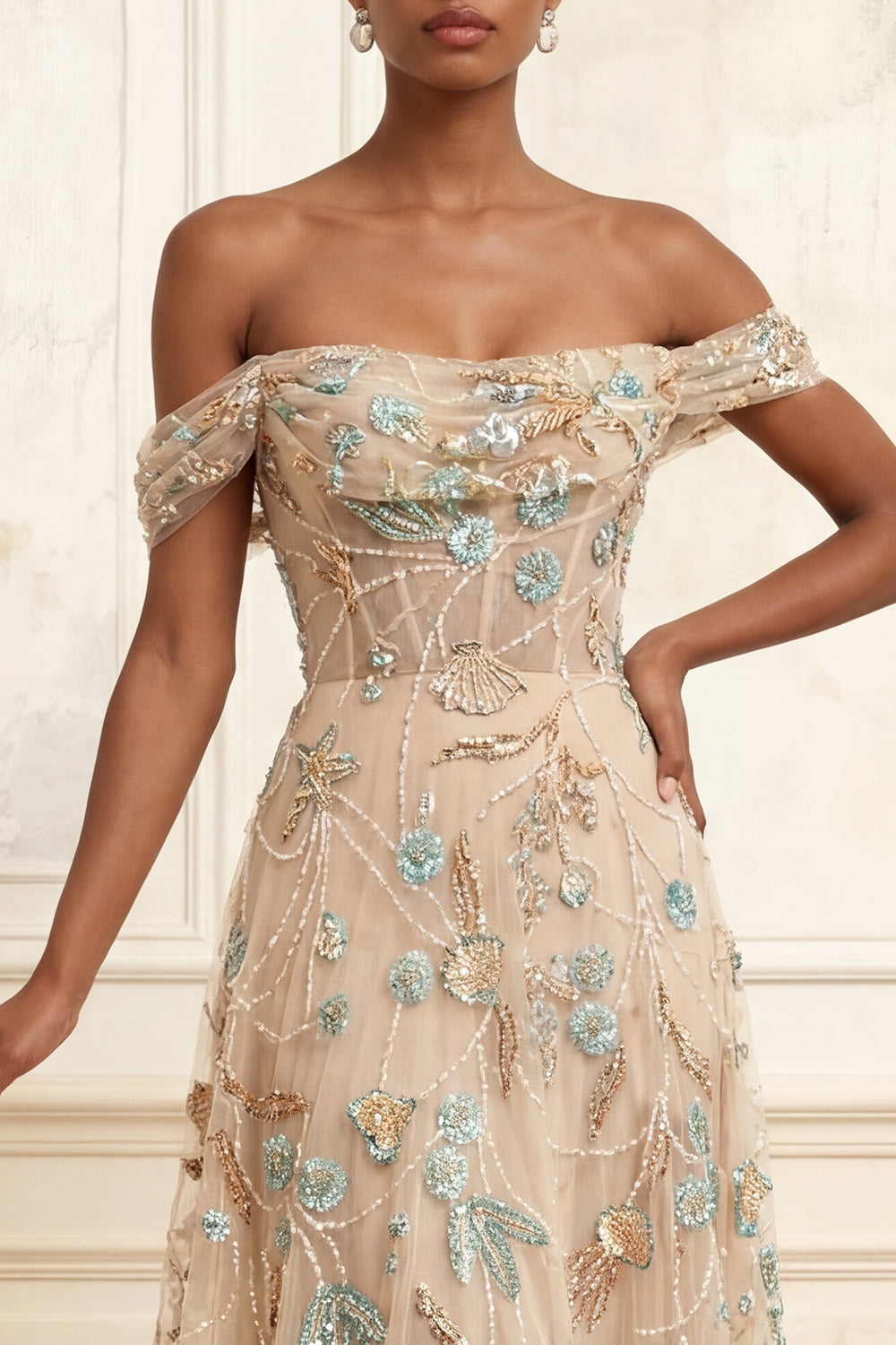 A Line Sparkly Champagne Beaded Long Corset Floral Prom Dress