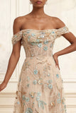 A Line Sparkly Champagne Beaded Long Corset Floral Prom Dress