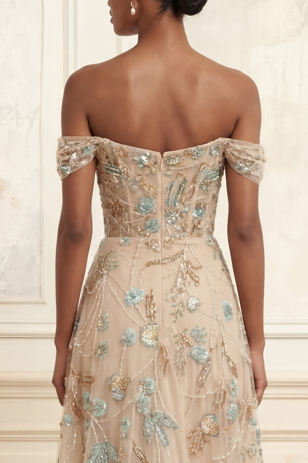 A Line Sparkly Champagne Beaded Long Corset Floral Prom Dress