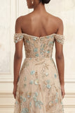 A Line Sparkly Champagne Beaded Long Corset Floral Prom Dress