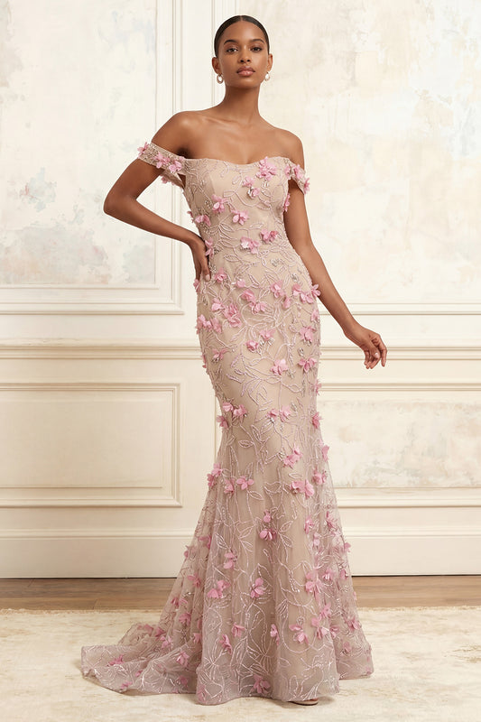 Floral Beaded Sparkly Pink Long Off the Shoulder Mermaid Prom Dress