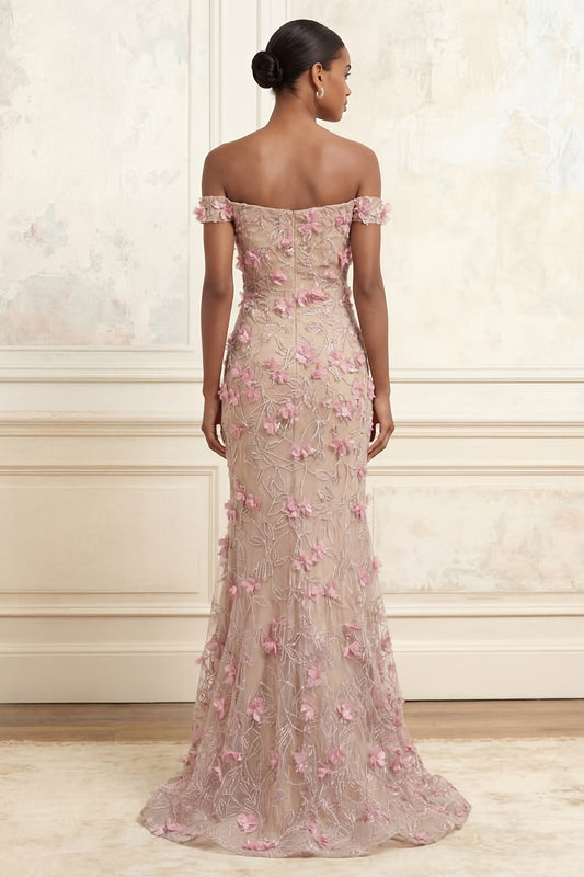 Floral Beaded Sparkly Pink Long Off the Shoulder Mermaid Prom Dress