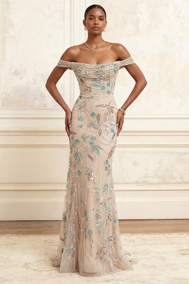 Long Floral Sparkly Champagne Beaded Off the Shoulder Prom Dress