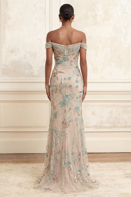 Long Floral Sparkly Champagne Beaded Off the Shoulder Prom Dress