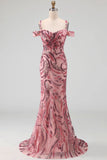 Cold Shoulder Sparkly Pink Long Neck Scarf Mermaid Beaded Prom Dress