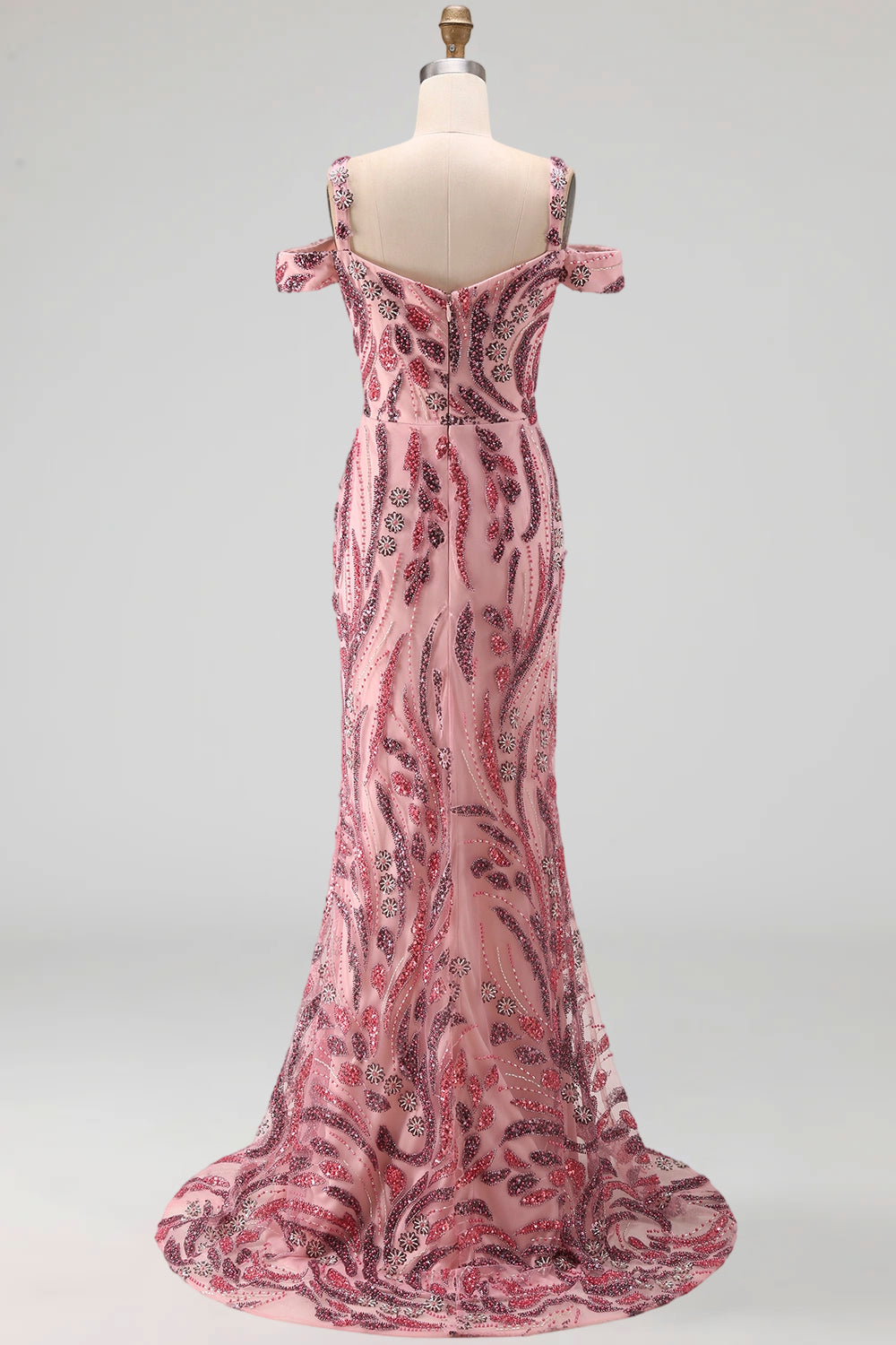 Cold Shoulder Sparkly Pink Long Neck Scarf Mermaid Beaded Prom Dress