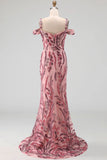 Cold Shoulder Sparkly Pink Long Neck Scarf Mermaid Beaded Prom Dress