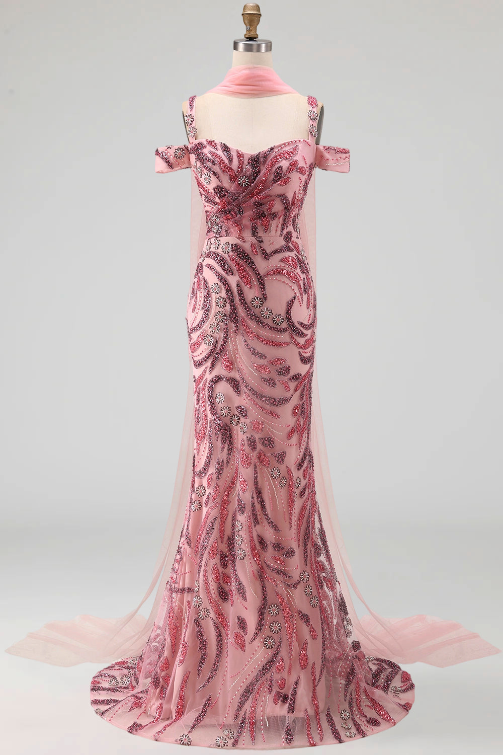 Cold Shoulder Sparkly Pink Long Neck Scarf Mermaid Beaded Prom Dress