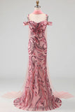 Cold Shoulder Sparkly Pink Long Neck Scarf Mermaid Beaded Prom Dress
