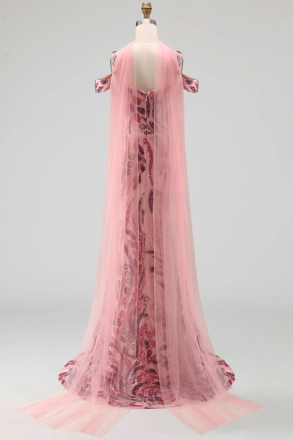 Cold Shoulder Sparkly Pink Long Neck Scarf Mermaid Beaded Prom Dress