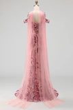 Cold Shoulder Sparkly Pink Long Neck Scarf Mermaid Beaded Prom Dress