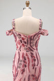 Cold Shoulder Sparkly Pink Long Neck Scarf Mermaid Beaded Prom Dress