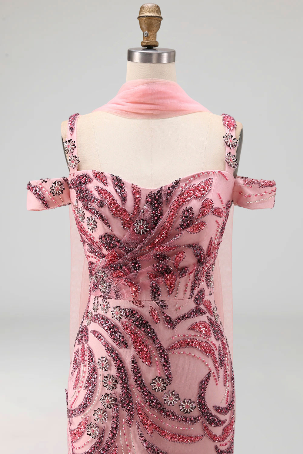 Cold Shoulder Sparkly Pink Long Neck Scarf Mermaid Beaded Prom Dress