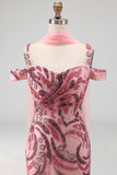 Cold Shoulder Sparkly Pink Long Neck Scarf Mermaid Beaded Prom Dress