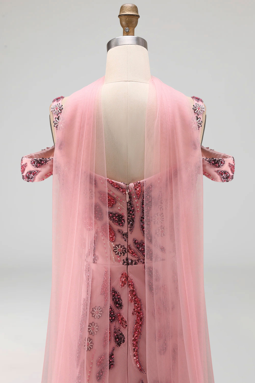 Cold Shoulder Sparkly Pink Long Neck Scarf Mermaid Beaded Prom Dress