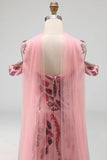 Cold Shoulder Sparkly Pink Long Neck Scarf Mermaid Beaded Prom Dress