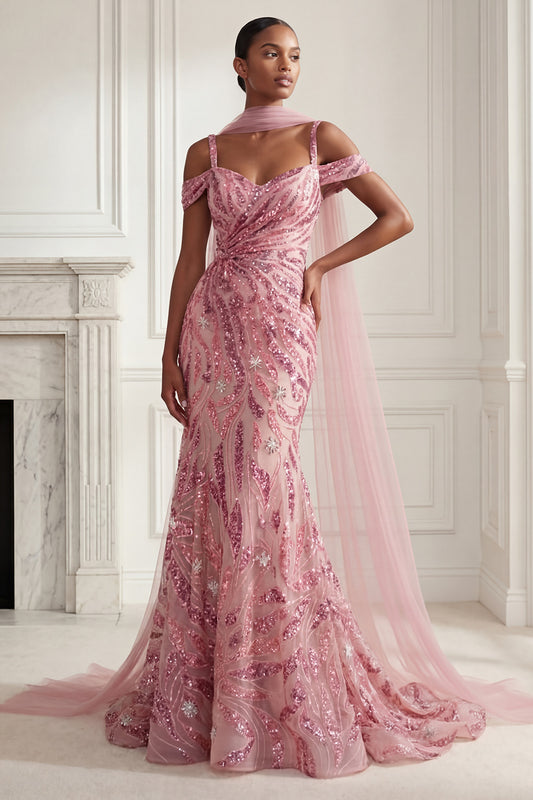 Cold Shoulder Sparkly Pink Long Neck Scarf Mermaid Beaded Prom Dress