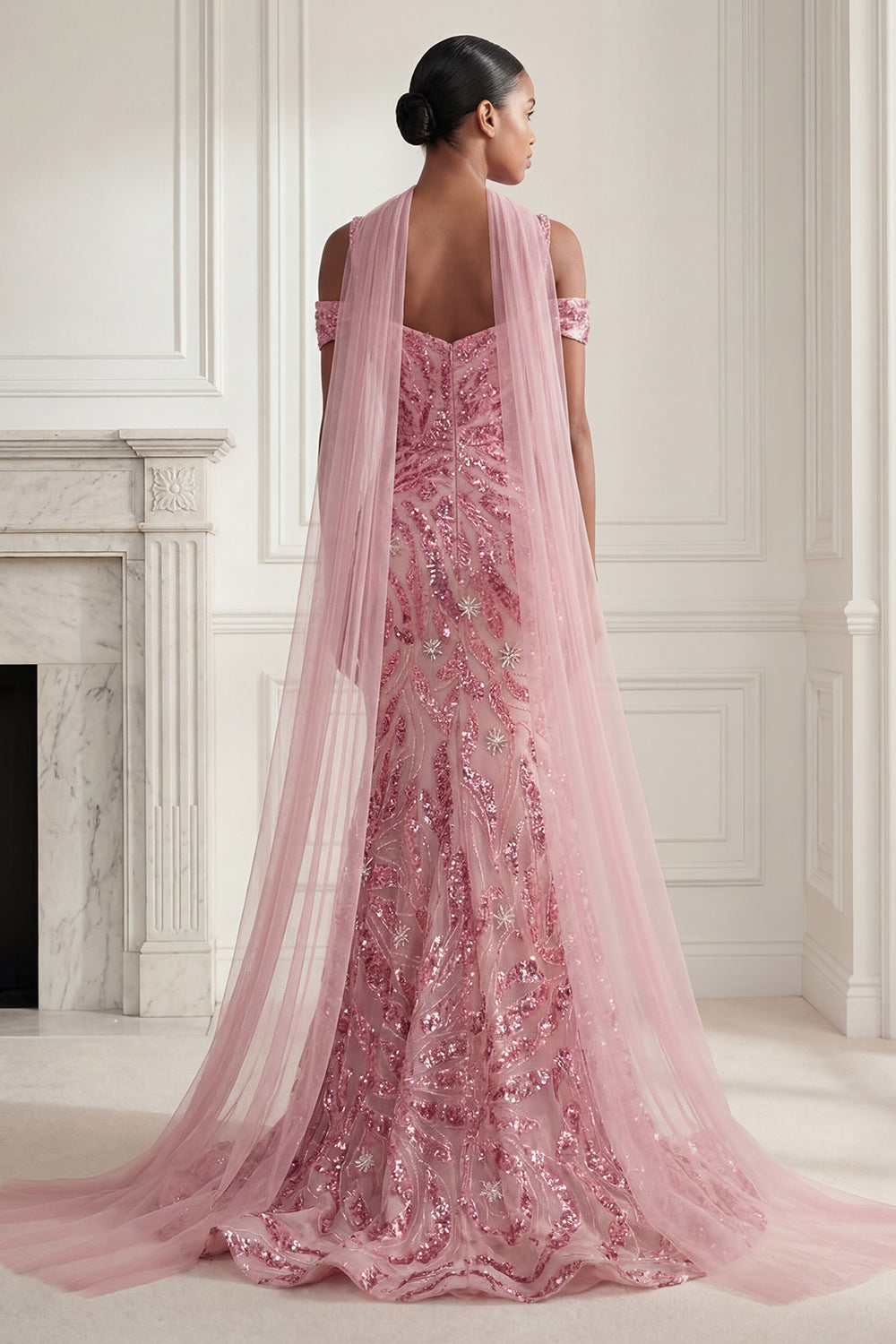 Cold Shoulder Sparkly Pink Long Neck Scarf Mermaid Beaded Prom Dress