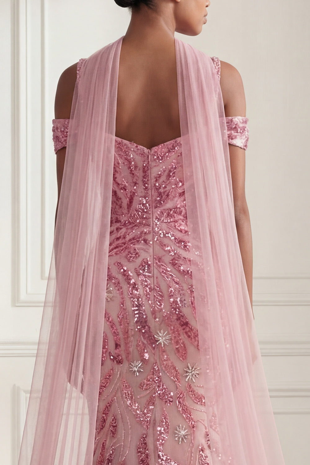 Cold Shoulder Sparkly Pink Long Neck Scarf Mermaid Beaded Prom Dress