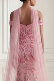 Cold Shoulder Sparkly Pink Long Neck Scarf Mermaid Beaded Prom Dress