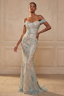 Sparkly Blue Mermaid Beaded Off the Shoulder Long Prom Dress