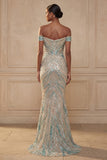 Sparkly Blue Mermaid Beaded Off the Shoulder Long Prom Dress