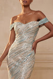 Sparkly Blue Mermaid Beaded Off the Shoulder Long Prom Dress
