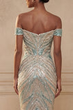 Sparkly Blue Mermaid Beaded Off the Shoulder Long Prom Dress