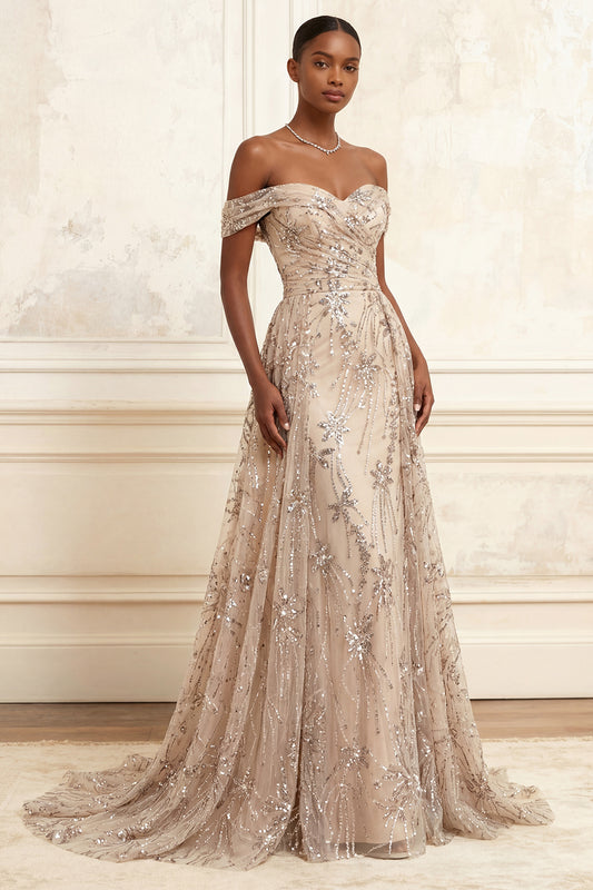 Sparkly Champagne Floral Beaded Long Prom Dress with Cape Off the Shoulder Ruched A Line Pageant Dress