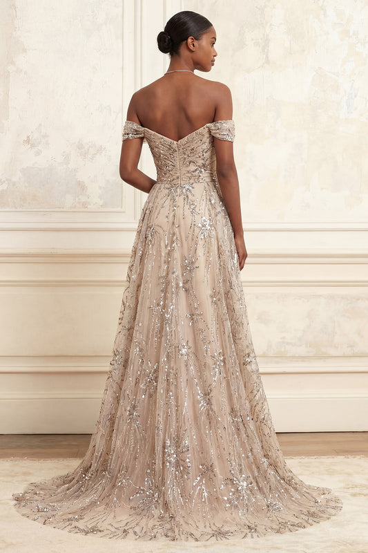 Long Floral A Line Sparkly Champagne Beaded Prom Dress with Cape