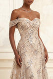 Long Floral A Line Sparkly Champagne Beaded Prom Dress with Cape