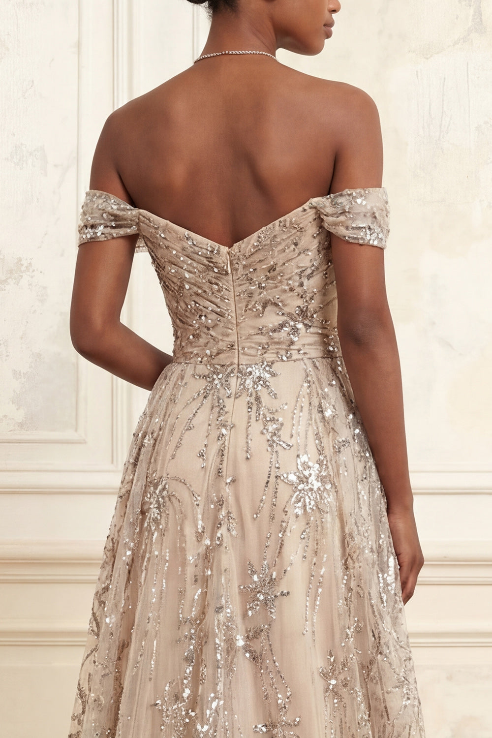 Long Floral A Line Sparkly Champagne Beaded Prom Dress with Cape