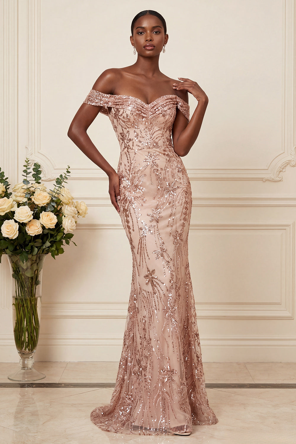 Sparkly Blush Long Floral Beaded Off the Shoulder Prom Dress