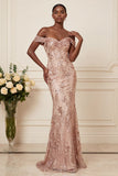 Sparkly Blush Long Floral Beaded Off the Shoulder Prom Dress